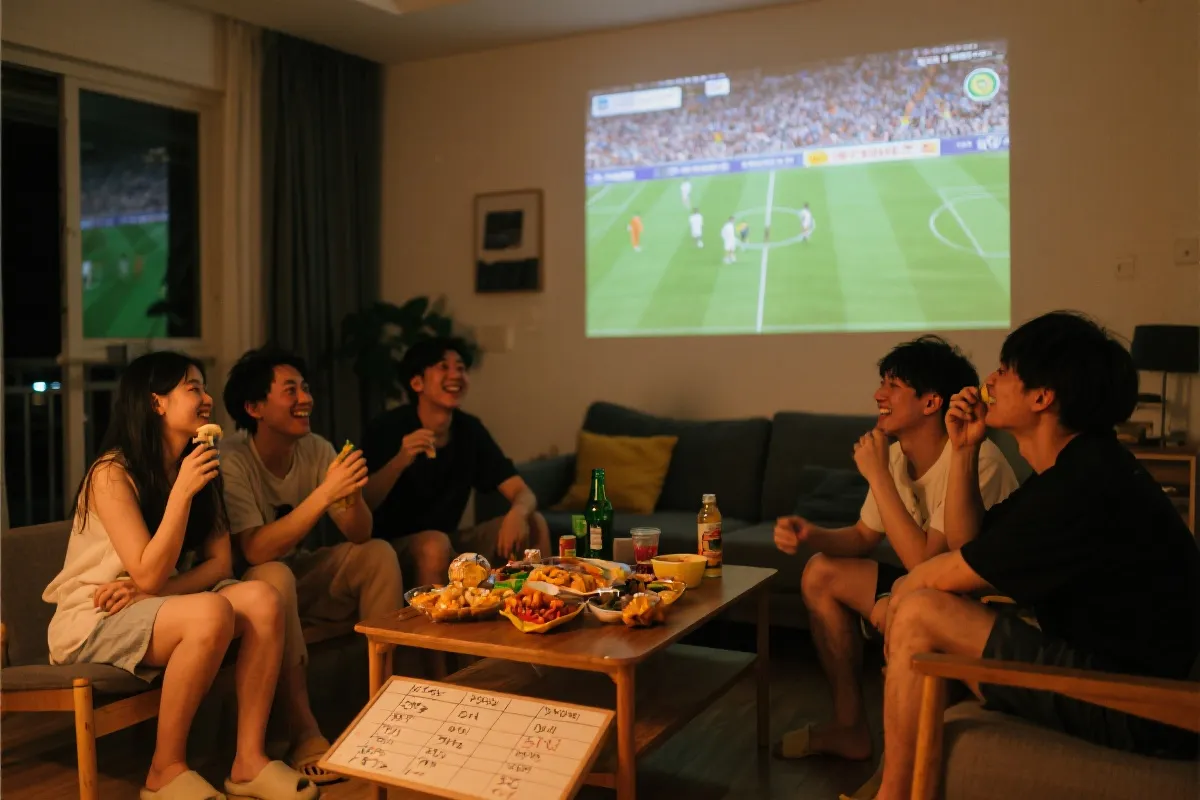 客厅投影观看足球比赛的朋友聚会，桌上有零食与手写赛程表，温暖夏夜氛围