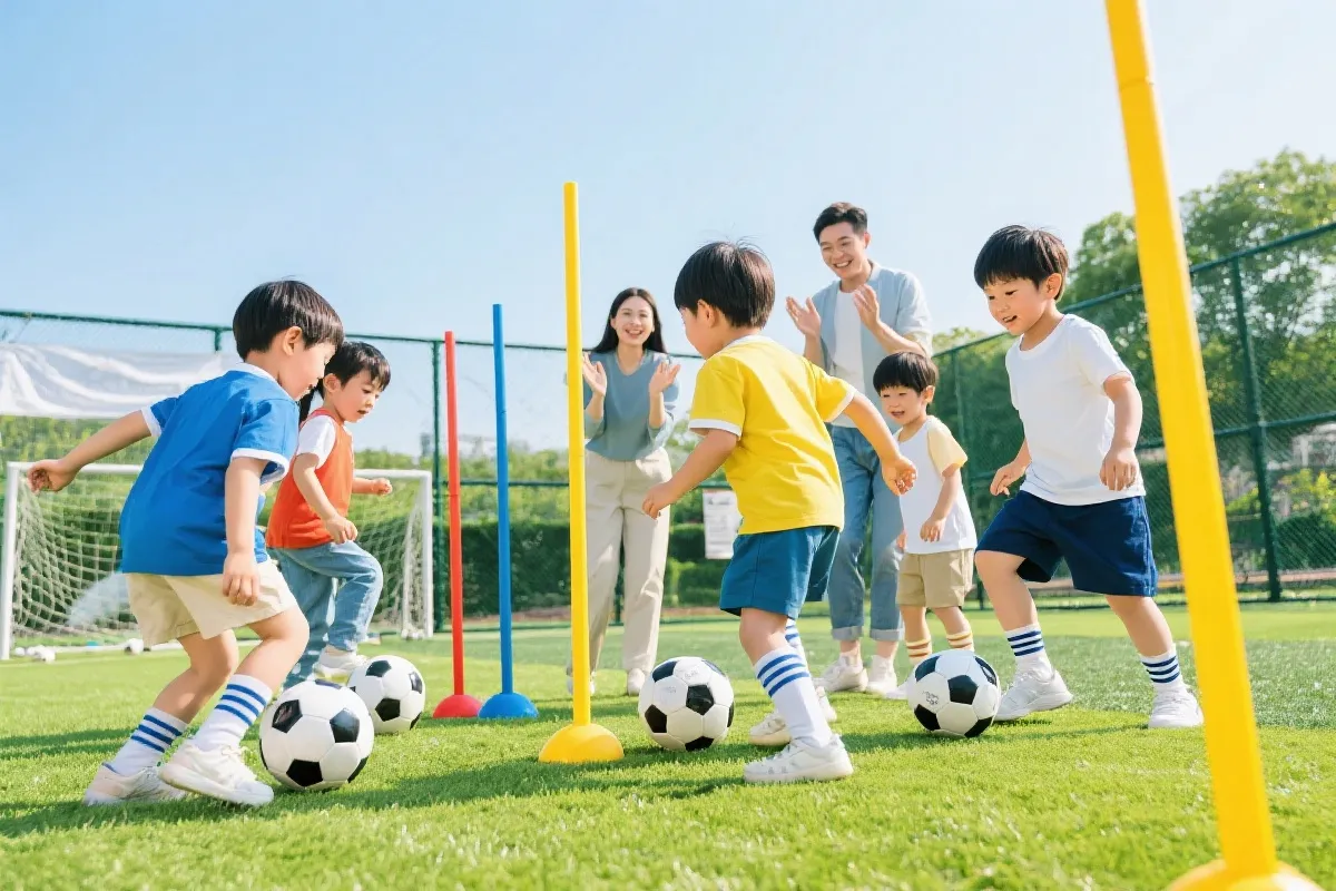 儿童在足球互动区进行带球绕桩与亲子协作训练的场景