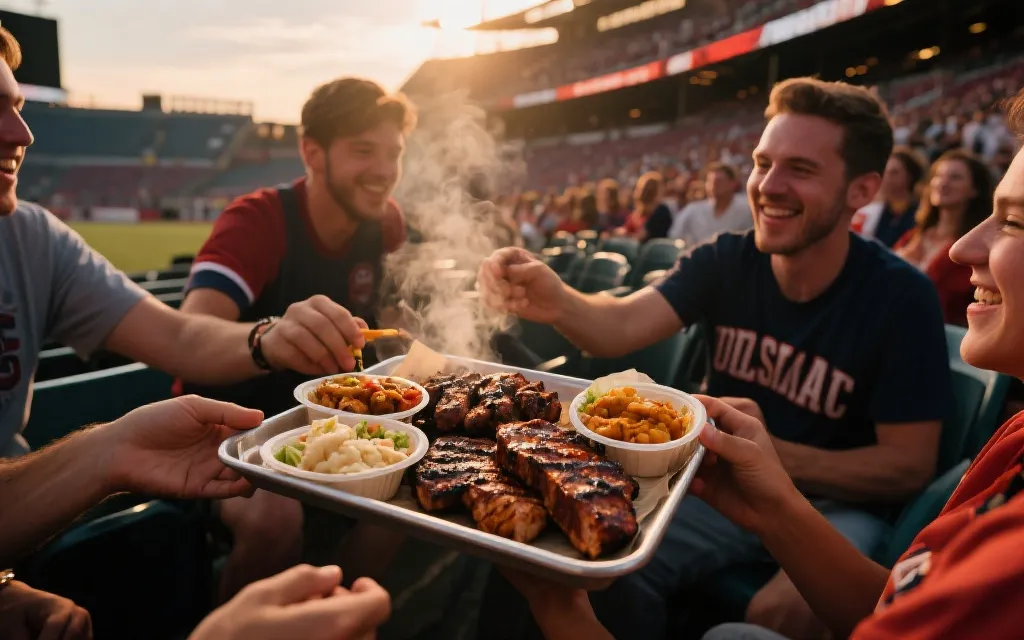 球场看台上分享美式烧烤拼盘的氛围照片，烟熏肉与配菜，热闹人群虚化背景