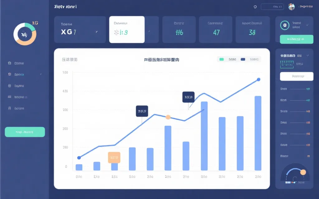 简化足球数据仪表盘风格插图:xG 曲线、压迫强度条形图、阵容站位示意